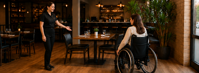 Restaurant host preparing accessible seating for a diner using a wheelchair following a reservation request.