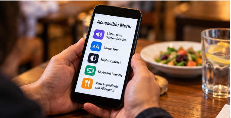 Smartphone showing accessible digital menu features including screen-reader support, large text, high contrast, keyboard-friendly navigation, and allergen information.