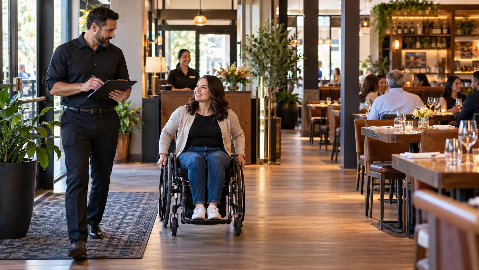 Restaurant manager conducting a restaurant accessibility walkthrough while a wheelchair user moves along a clear route through the dining room.