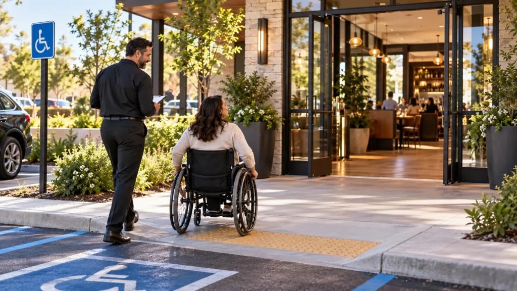 Restaurant accessibility walkthrough beginning at accessible parking and a step-free entrance with a wheelchair user approaching the restaurant.